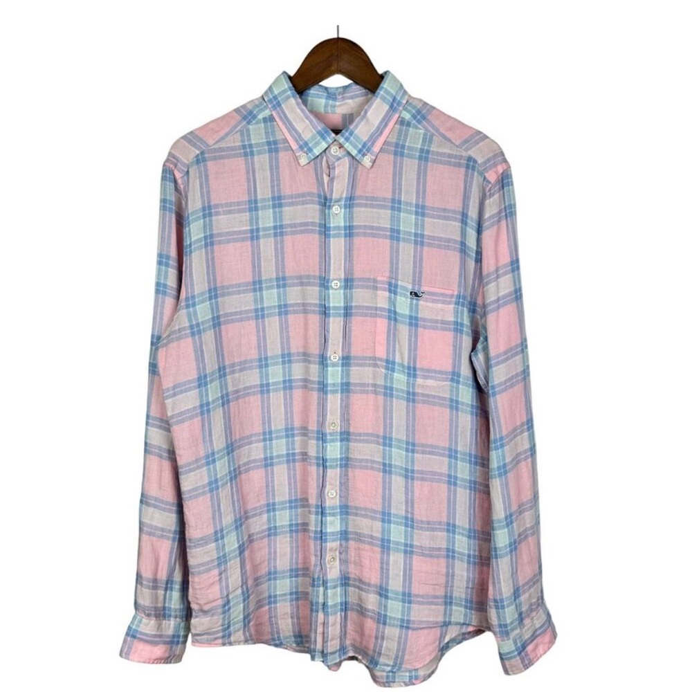 Vineyard Vines Men’s Classic Fit Tucker Shirt 100% Linen Pink Plaid Size Large